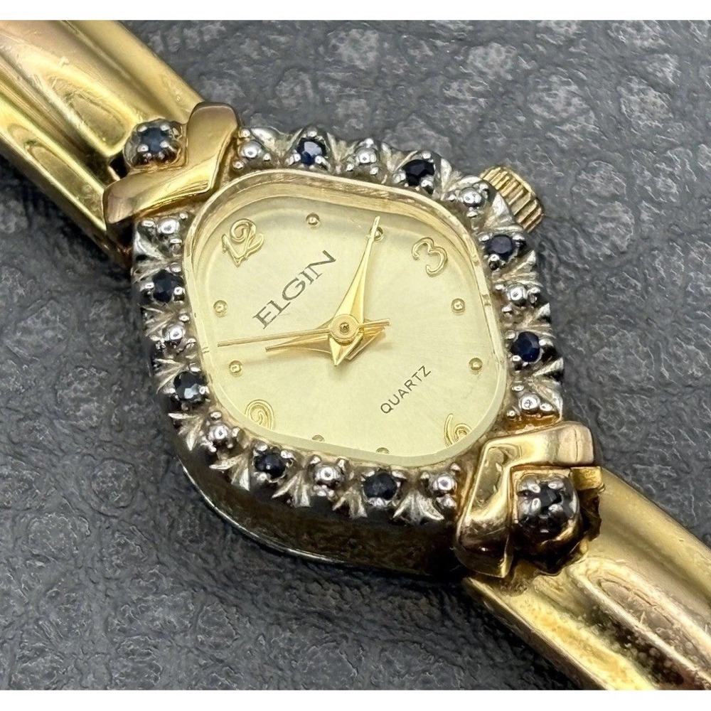 Vintage Elgin Genuine Sapphire Quartz Watch Gold Tone Untested Needs Battery
